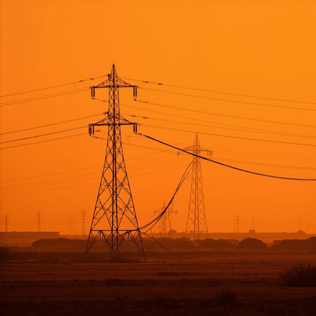 High-voltage transmission towers silhouetted against a hazy orange desert sky in Kuwait, one tower visibly bent with severed cables hanging loose