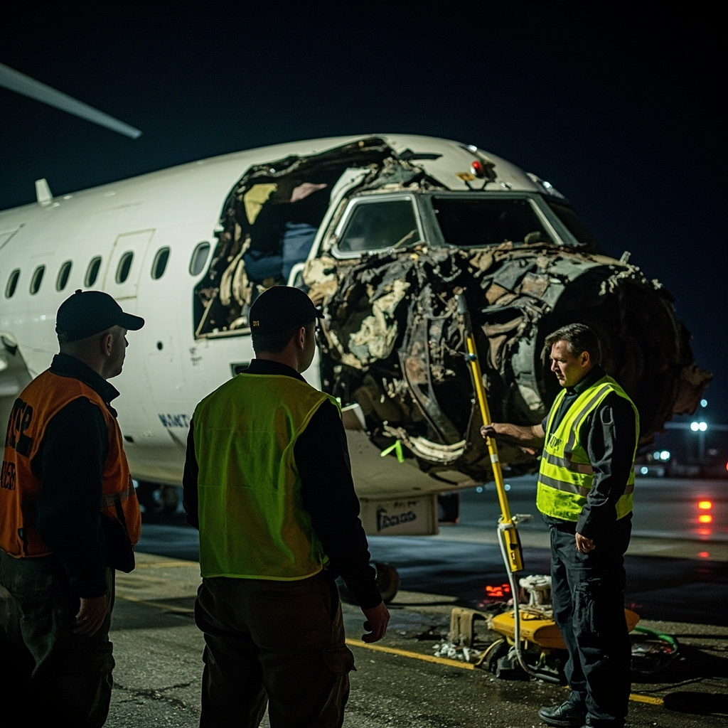 NTSB investigators in yellow vests examining the damaged cockpit of an Air Canada regional jet at LaGuardia Airport with the roof cut open