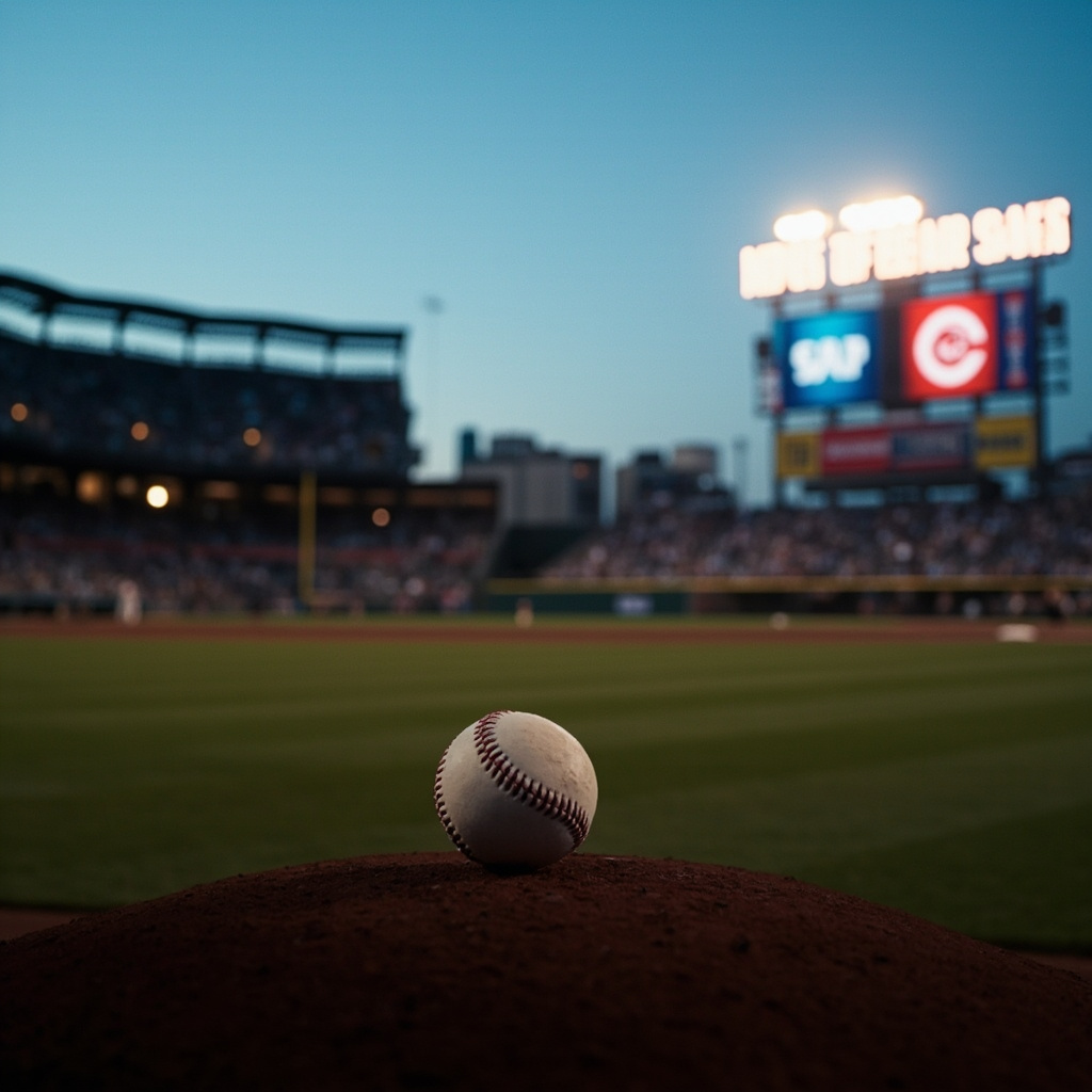 A close-up of a baseball resting on the Oracle Park pitcher's mound with the Netflix logo glowing on the center field scoreboard in the background
