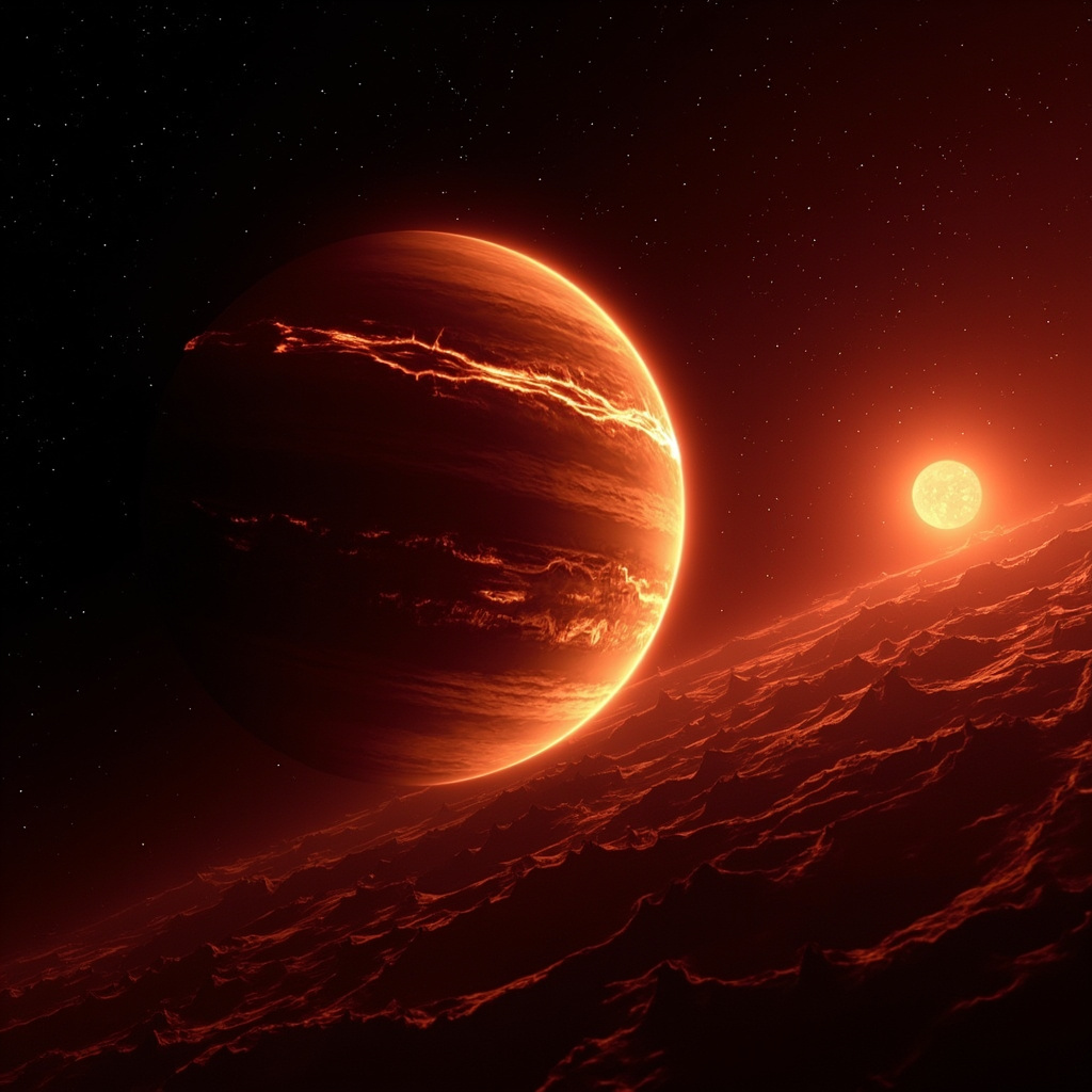 Artist rendering of a glowing orange and red exoplanet with visible rivers of magma across its surface, orbiting close to a dim red dwarf star against a field of distant stars