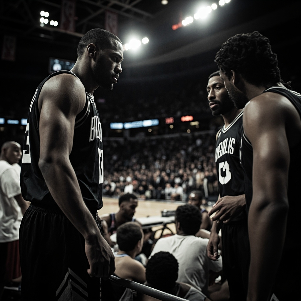 Golden State Warriors teammates gathered in a somber huddle near the bench with a stretcher visible on the court under arena lights