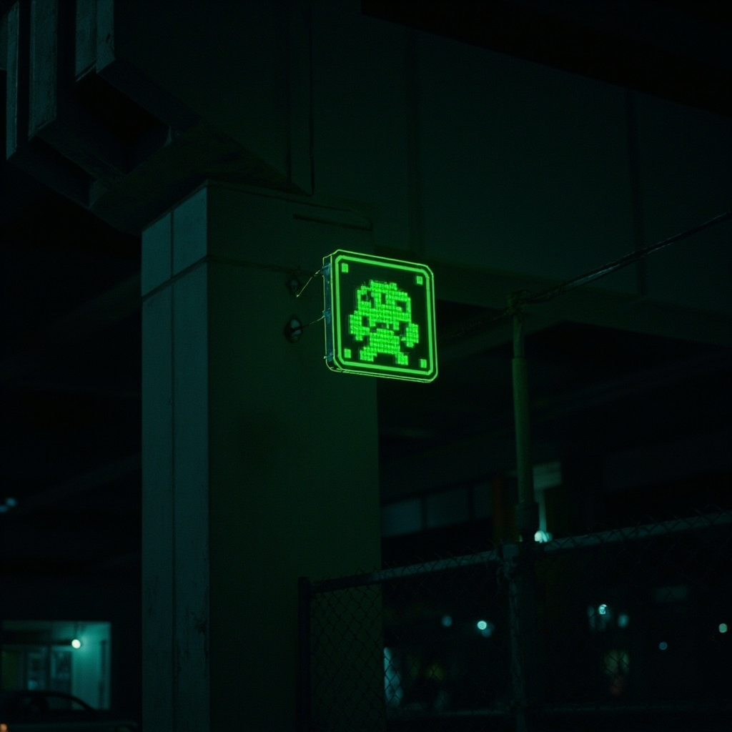 An LED Mooninite sign from Aqua Teen Hunger Force glowing in green light on a bridge support beam at night