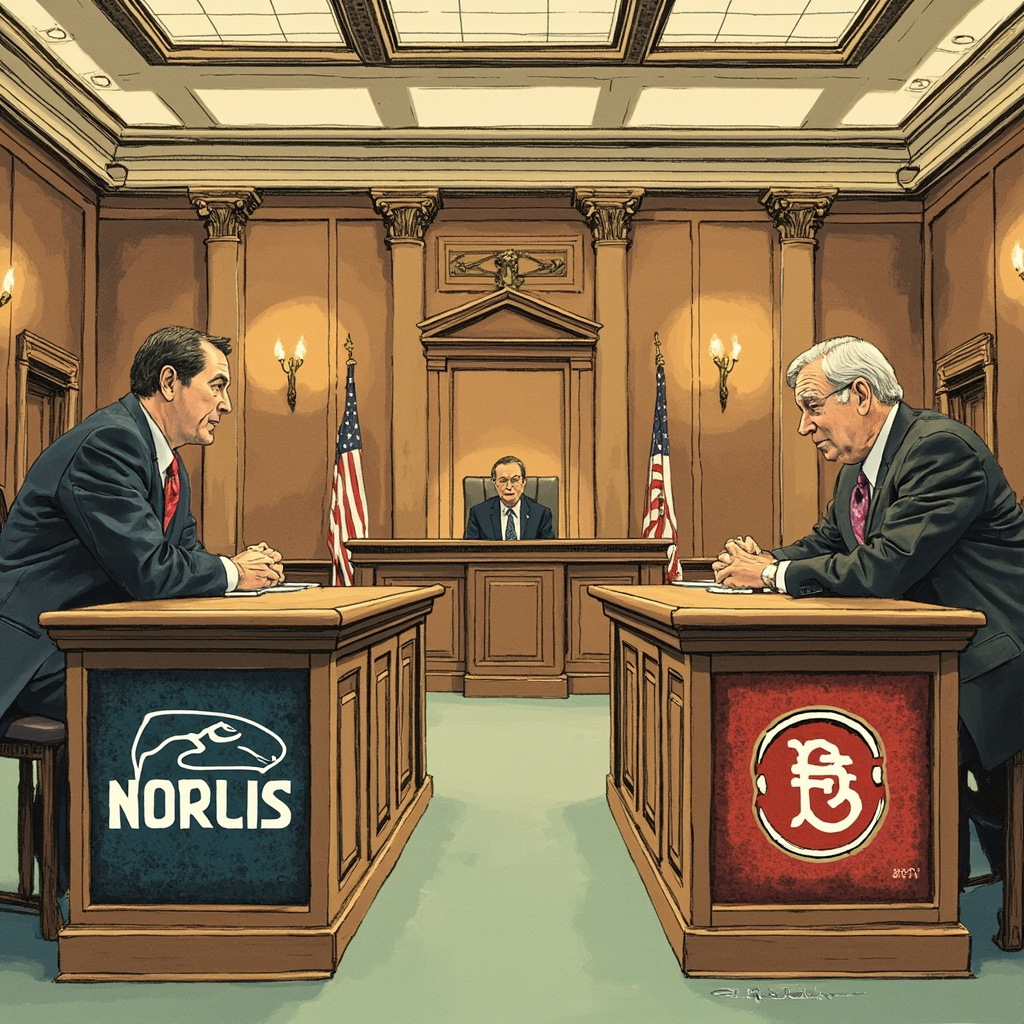 A courtroom sketch-style illustration showing the NCAA logo and the DraftKings logo on opposing sides of a federal courtroom bench