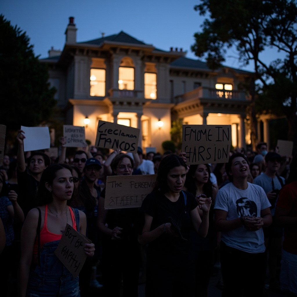 Protesters with signs outside the Paramour Estate in Silver Lake Los Angeles at dusk with the historic mansion illuminated behind them