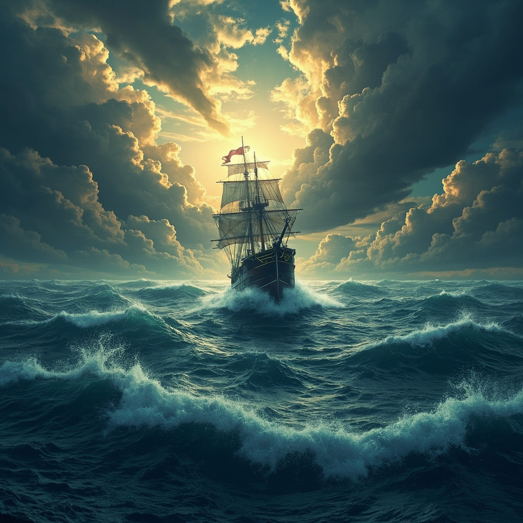 A cinematic ocean scene with a pirate ship sailing toward a dramatic storm-lit horizon evoking the Grand Line from One Piece