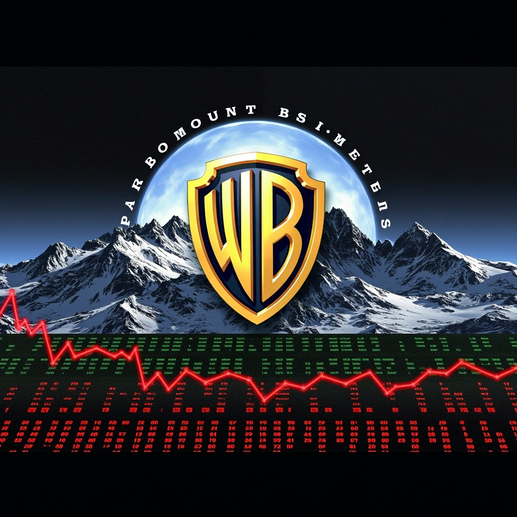 The Paramount Pictures mountain logo and the Warner Bros shield logo side by side on a split screen with a Wall Street ticker running below