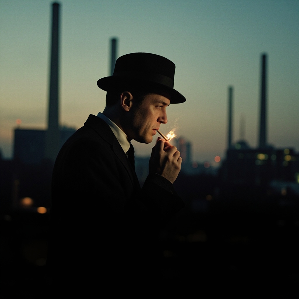Cillian Murphy as Tommy Shelby in profile lighting a cigarette with industrial Birmingham silhouetted behind him at dusk