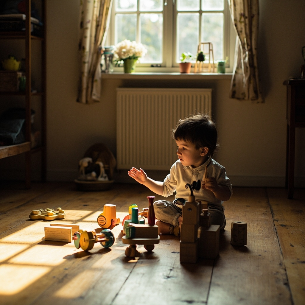 A child playing with wooden blocks and vintage toys on a sunlit hardwood floor with no screens visible in the frame