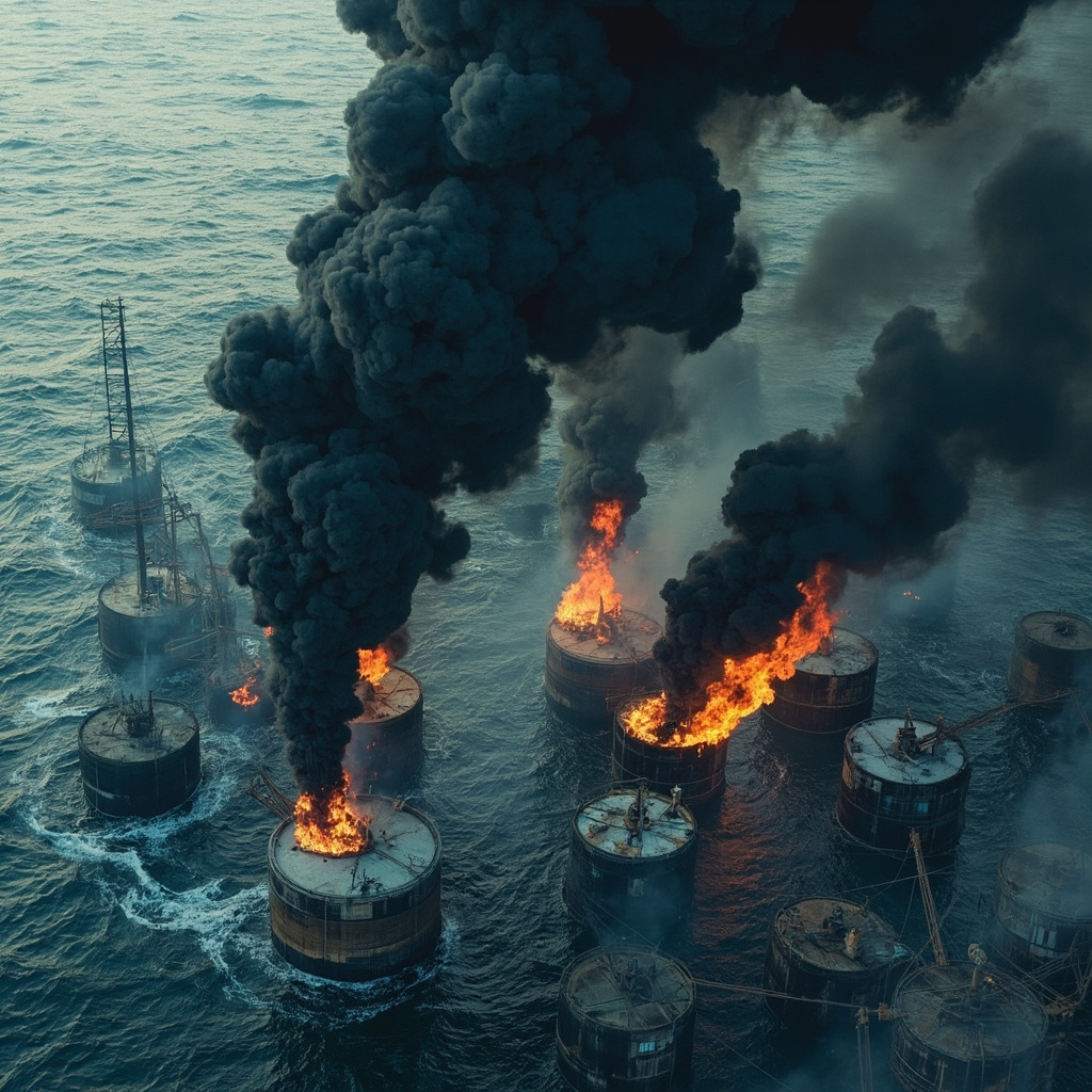 Satellite image showing thick black smoke plumes rising from multiple fuel storage tanks at Russia's Primorsk oil terminal on the Baltic coast