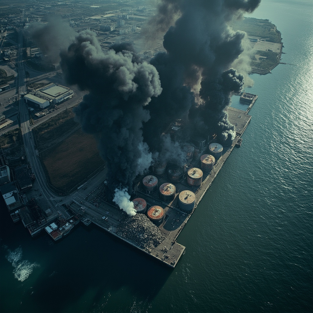 Satellite imagery showing thick black smoke plumes rising from cylindrical fuel storage tanks at a coastal port facility on the Baltic Sea