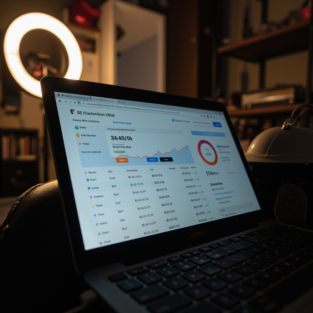 Creator earnings dashboard showing monthly payouts in the thousands, visible on a laptop screen in a small apartment, the anonymous infrastructure of the platform economy