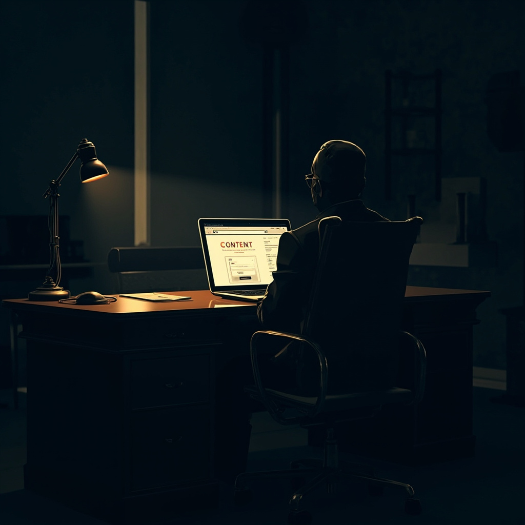 A dimly lit office desk with a glowing laptop screen showing the OnlyFans interface, an empty leather chair, and no person in frame
