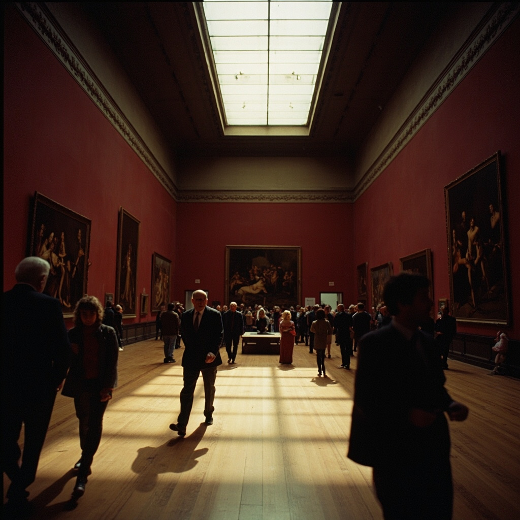 A grand museum gallery with high ceilings and Renaissance paintings hung on deep red walls with visitors walking through soft natural light
