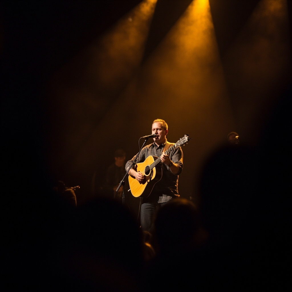 Warm-toned photograph of a bluegrass musician performing on a dimly lit stage with an acoustic guitar, spotlight catching the strings, audience silhouettes in foreground