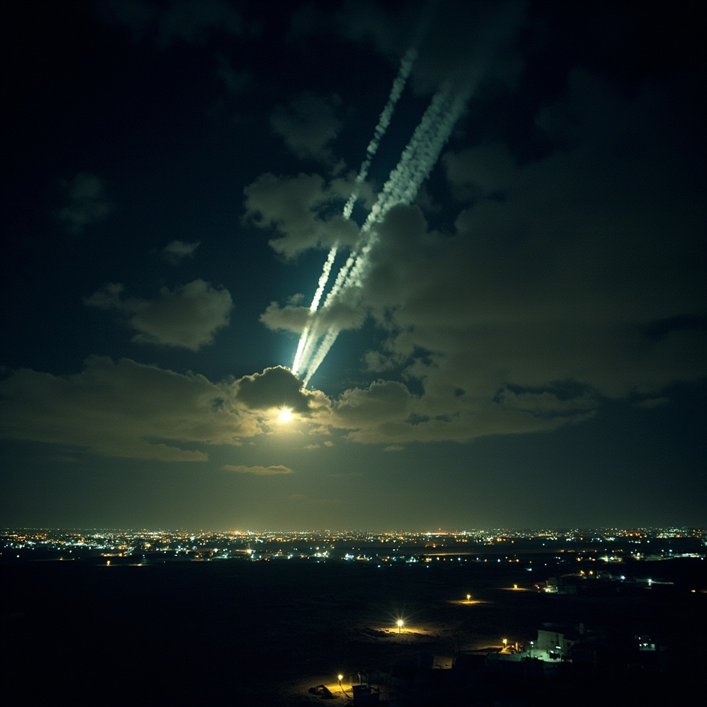 Night sky over Riyadh with bright streaks of interceptor missile trails against dark clouds and city lights below