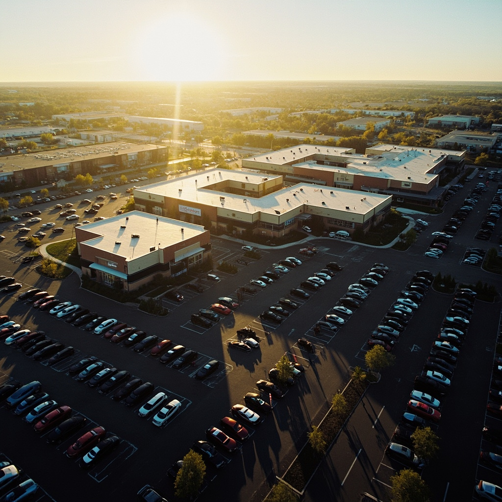 An aerial view of a massive American shopping mall complex surrounded by a full parking lot, shot at golden hour with long shadows