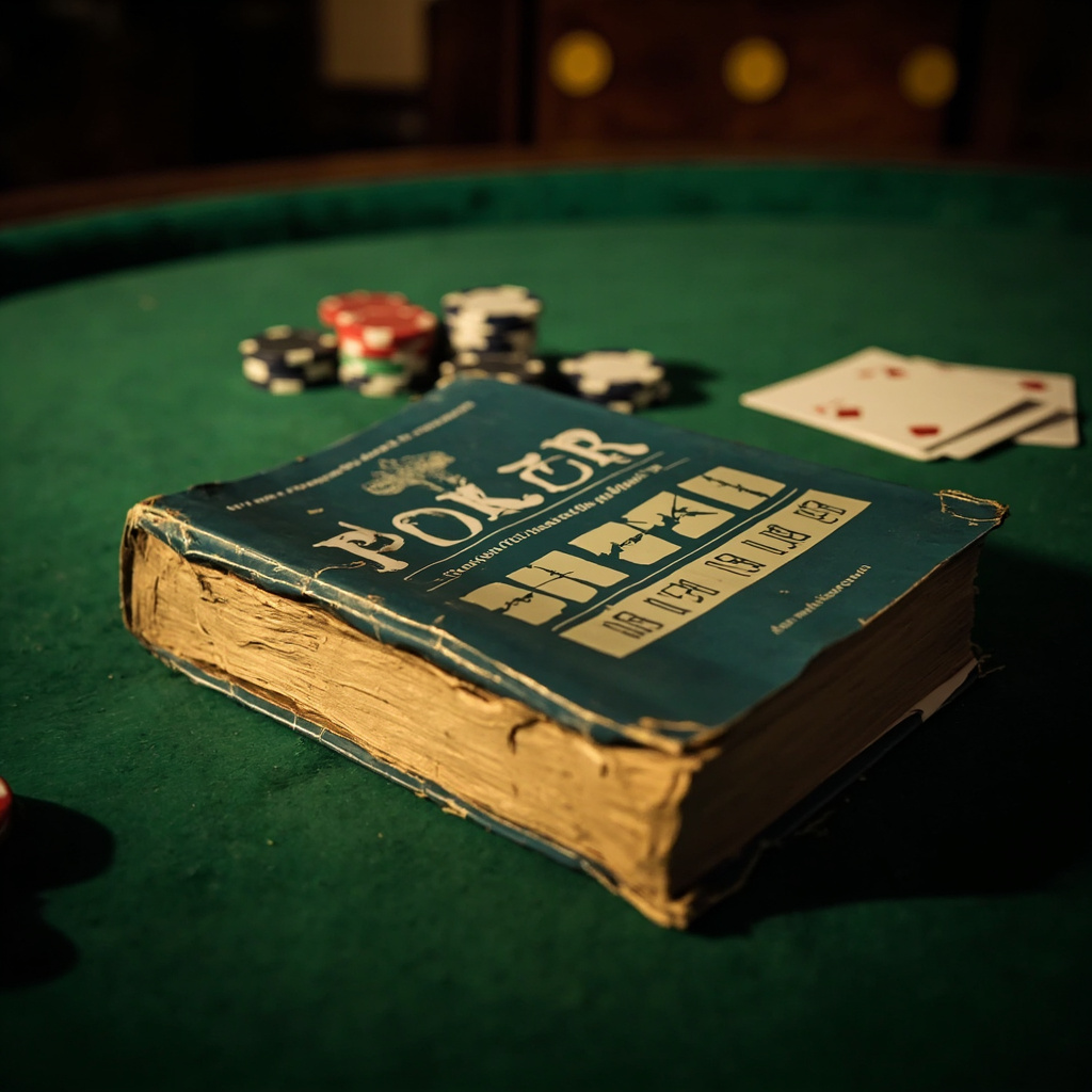 A worn paperback copy of The Theory of Poker by David Sklansky lying on a green felt poker table next to scattered chips