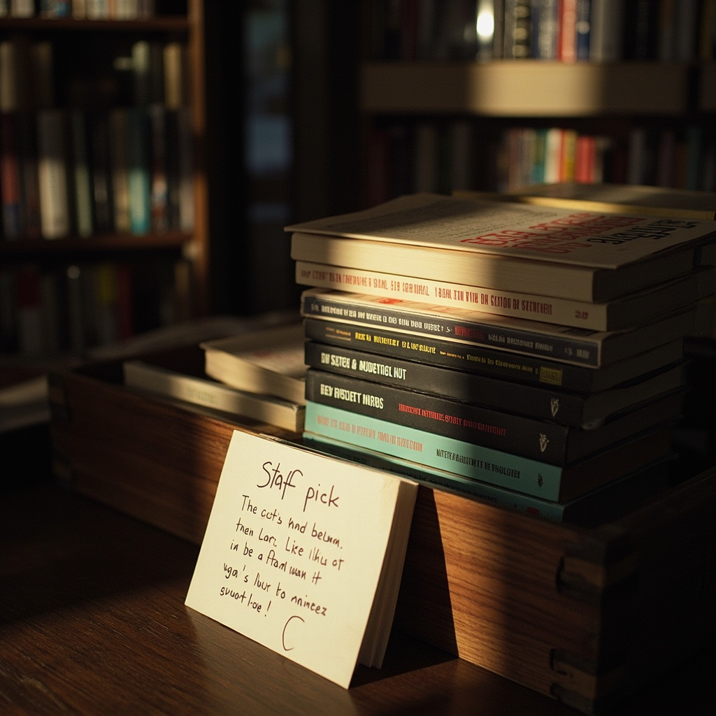 A stack of copies of The Beginning Comes After the End by Rebecca Solnit on a bookstore display table with a handwritten staff pick card