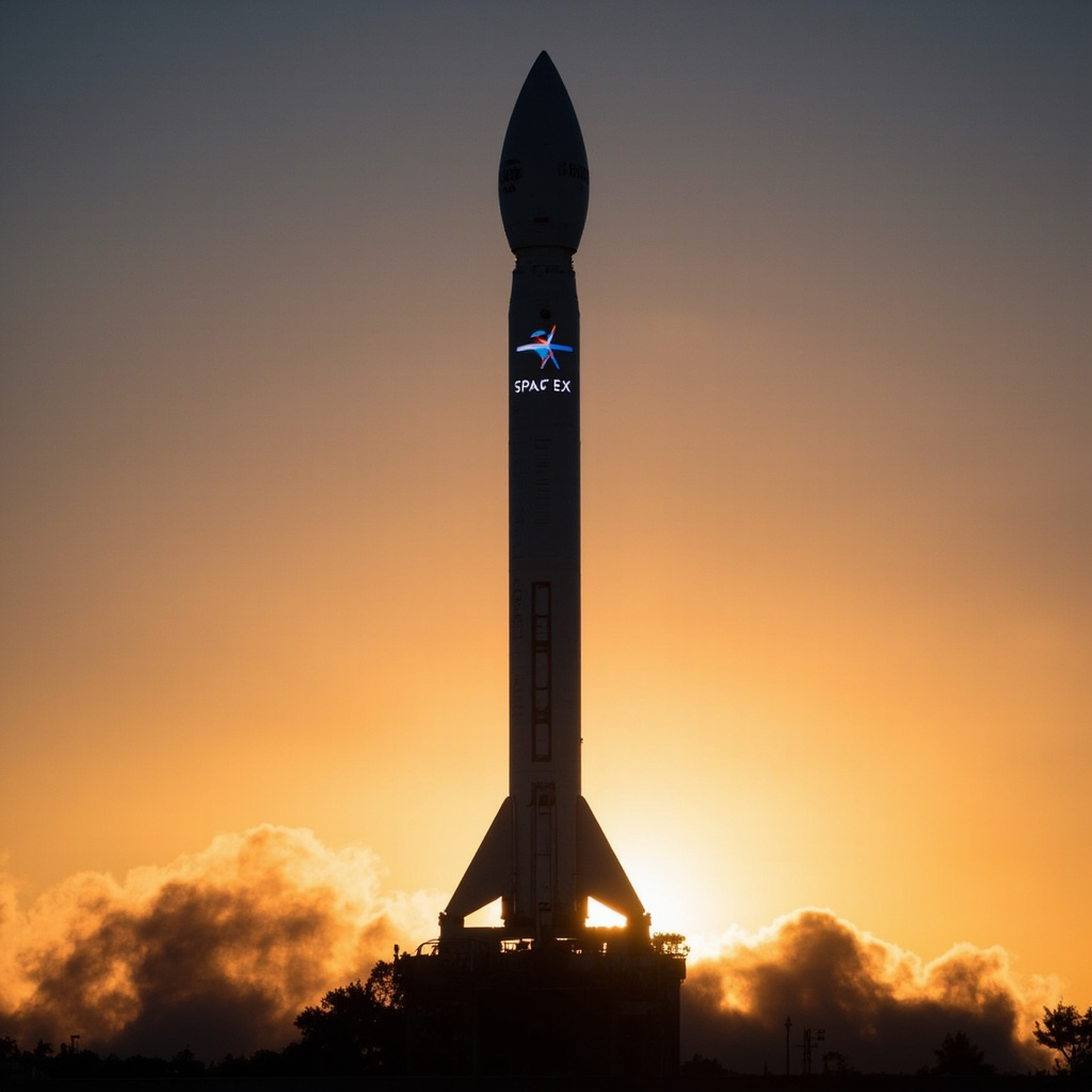 A Falcon 9 rocket standing on the launch pad at Cape Canaveral at dawn with the SpaceX logo visible on the fuselage against an orange sky