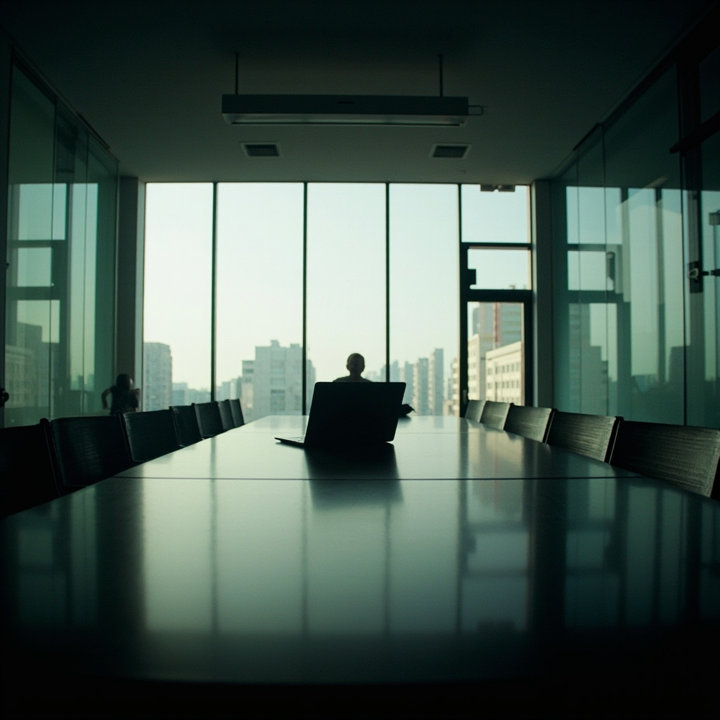 An empty modern venture capital office with glass walls and minimalist furniture, a single laptop open on a conference table in dim afternoon light