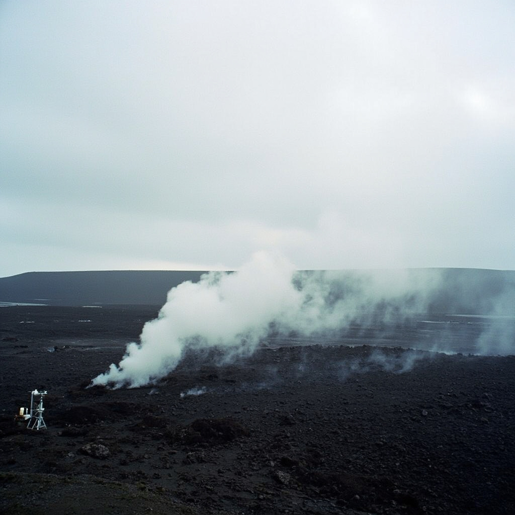 Steam rising from volcanic terrain on Iceland's Reykjanes Peninsula with monitoring equipment in the foreground and overcast skies