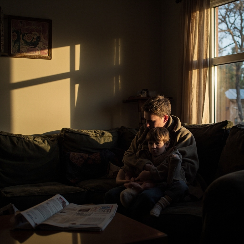 A parent and young child sitting together on a couch in a warmly lit living room with a newspaper visible on the coffee table