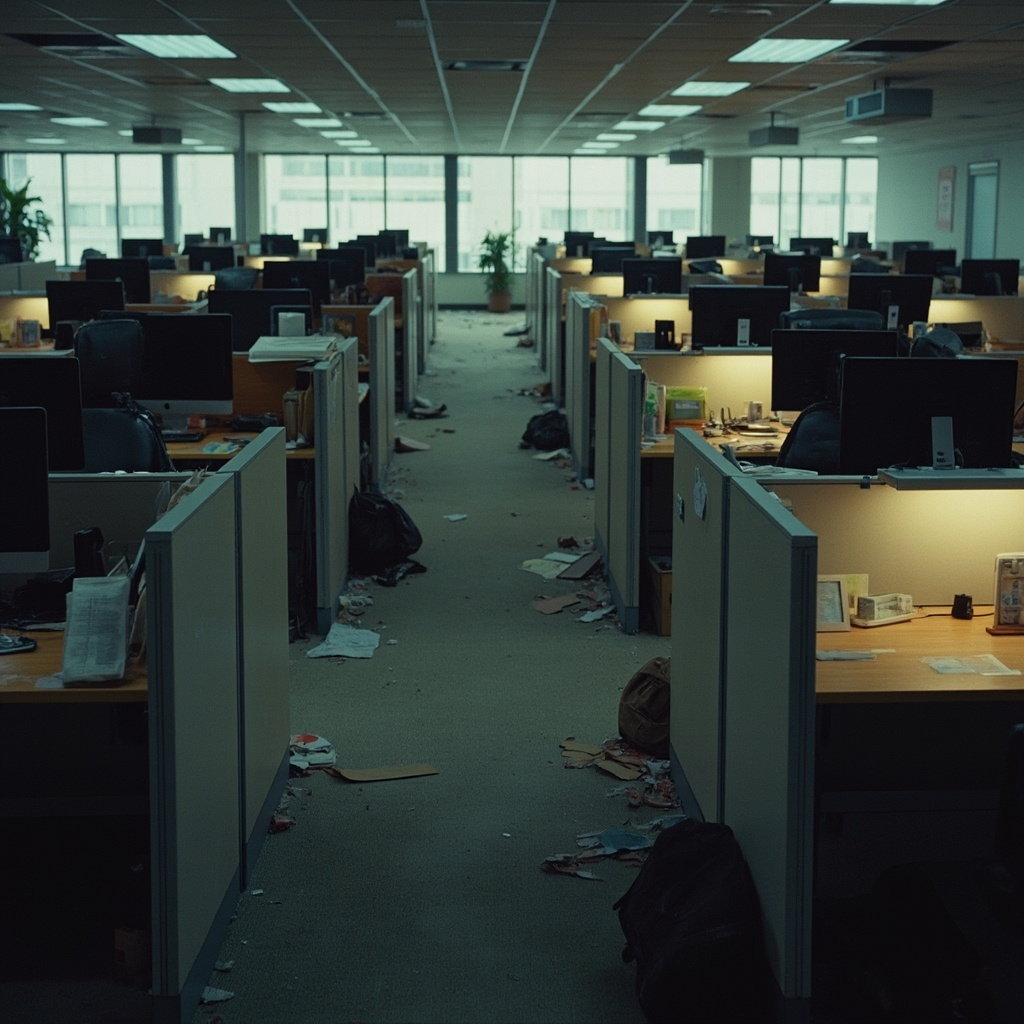 Rows of empty cubicles in a modern open-plan tech office with monitors still on and personal items left on desks