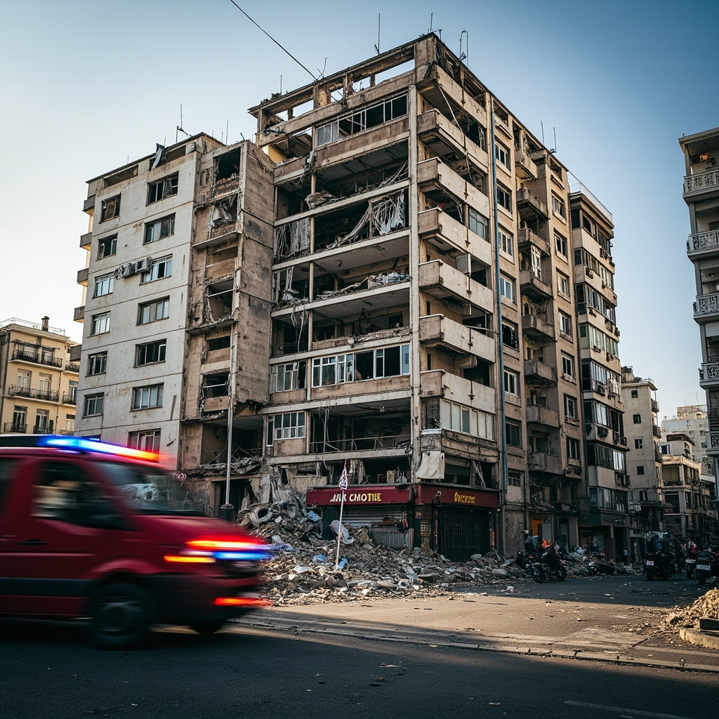 A damaged residential building in central Tel Aviv with blown-out windows, debris on the street, and emergency vehicles with flashing lights in the foreground