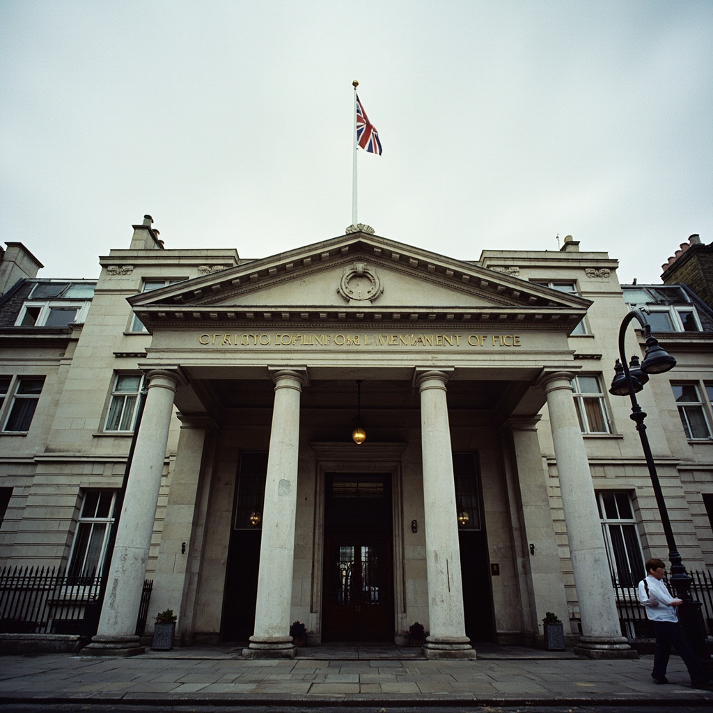 Imposing facade of the Foreign Commonwealth and Development Office in London on an overcast day, Union Jack flag flying at half staff above the entrance