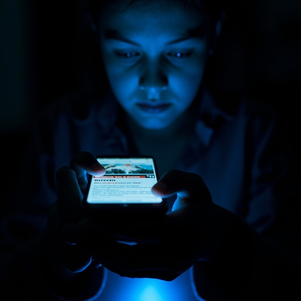 A close-up of a person's hands holding a smartphone in a dark room, the screen glowing with breaking news alerts, the person's face illuminated in blue light