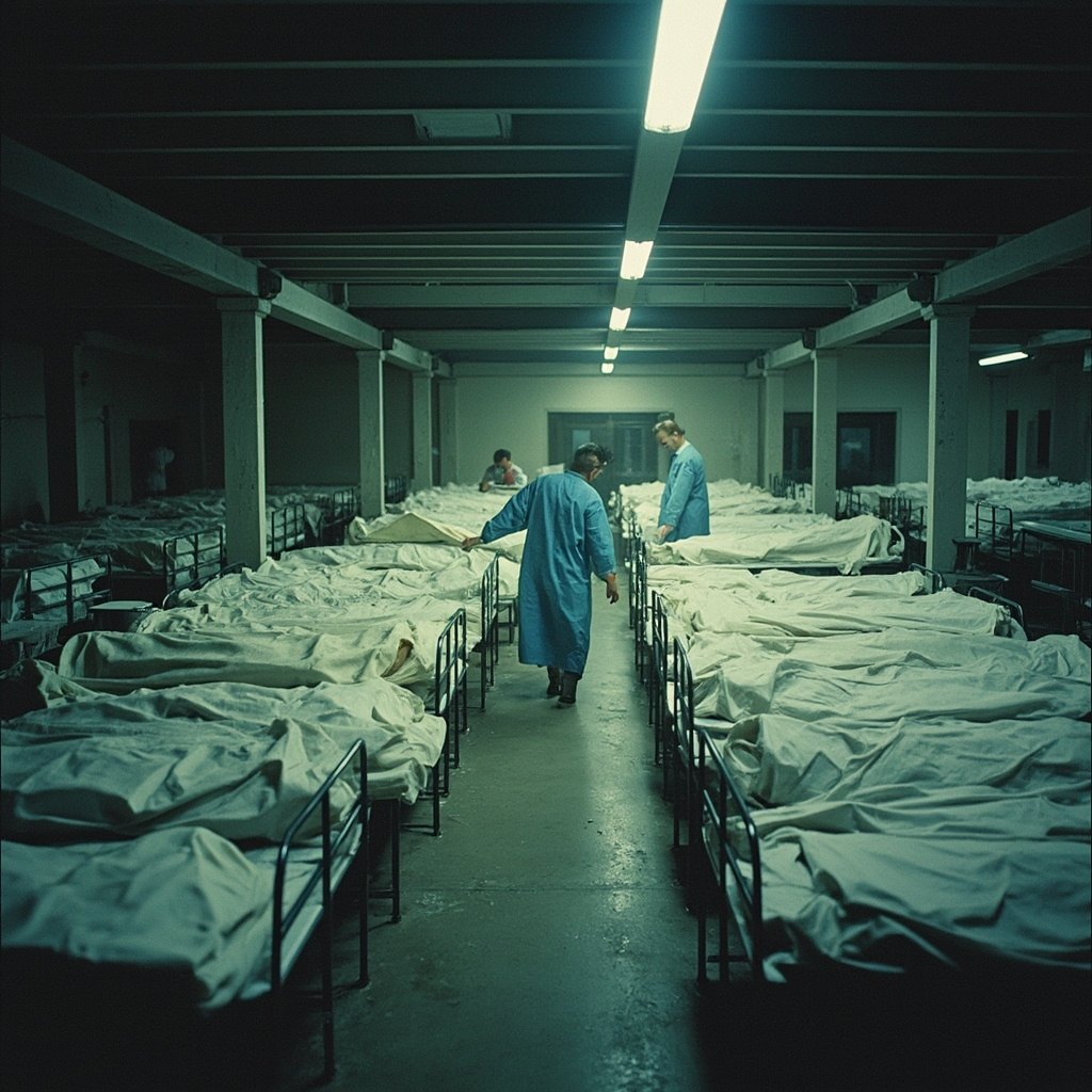 Rows of white shrouded bodies laid out in a hospital courtyard in Tehran, medical workers in blue gowns moving between them, harsh fluorescent light overhead