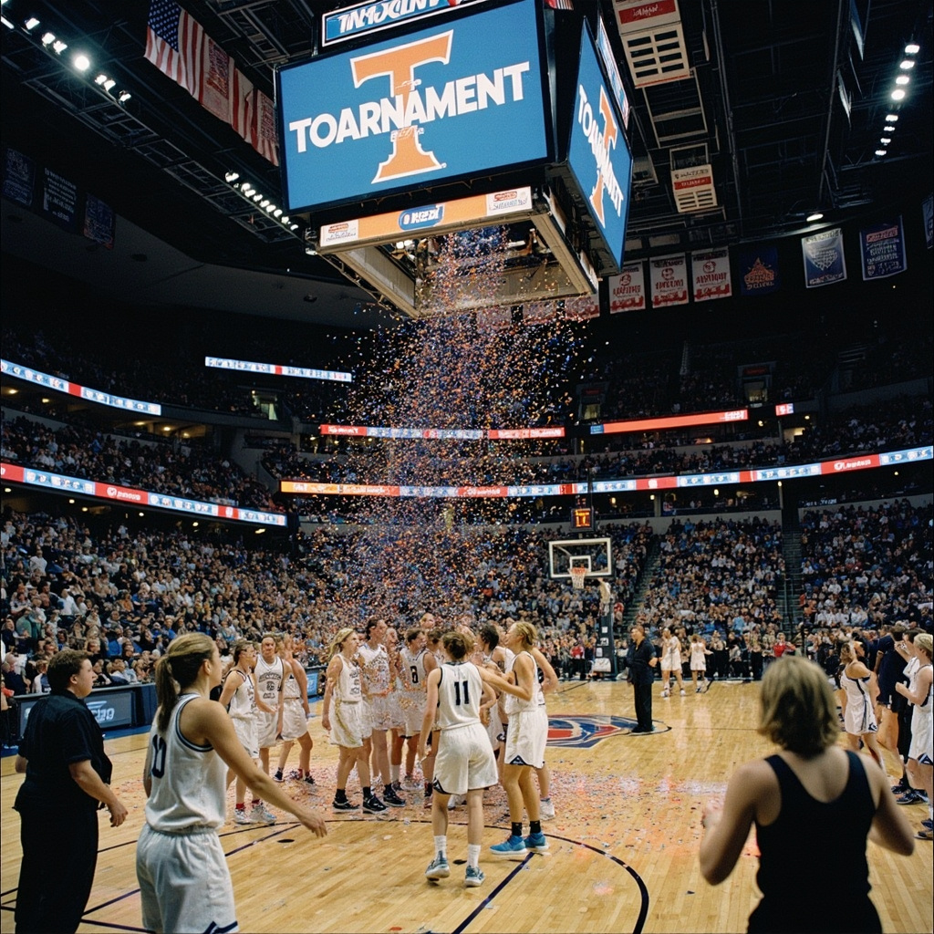 A packed arena during a women's NCAA tournament game with confetti falling from the rafters and the scoreboard showing a lopsided final score