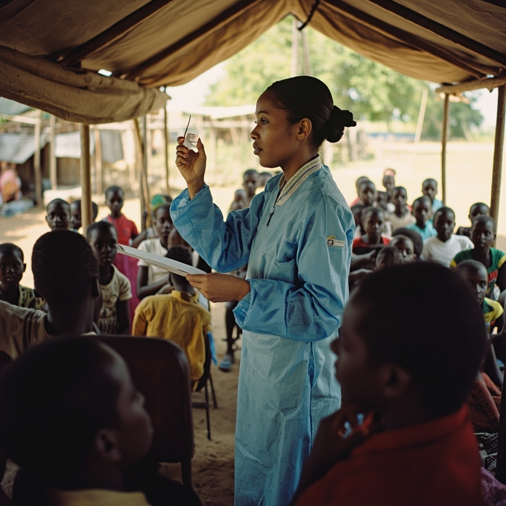 A health worker in a blue medical gown conducting a tuberculosis screening at a rural clinic with patients waiting under a canvas tent