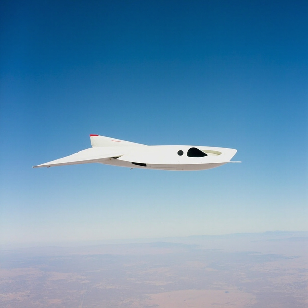 NASA's X-59 Quesst aircraft in flight over the California desert with its distinctive elongated nose and sleek white fuselage against a clear blue sky