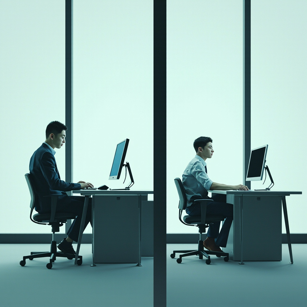 Split screen showing a modern office workstation with a computer screen on one side and the same workstation empty on the other representing AI replacing the human worker