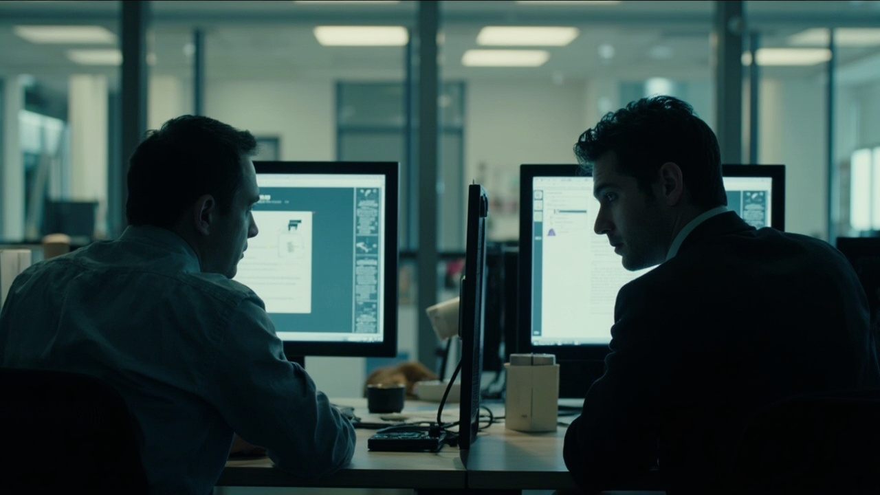 Two office workers at adjacent desks, one looking at a screen showing an AI chatbot interface while the other works unaware