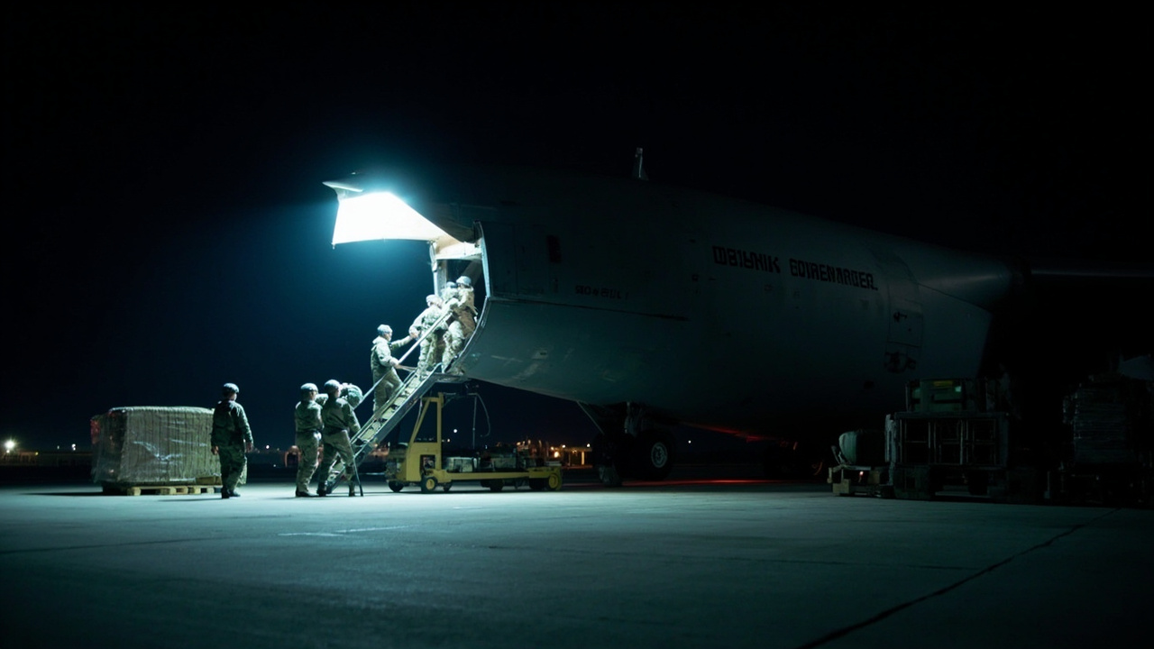 C-17 Globemaster transport aircraft on a tarmac at night with paratroopers in full combat gear boarding under floodlights, cargo pallets staged alongside the fuselage