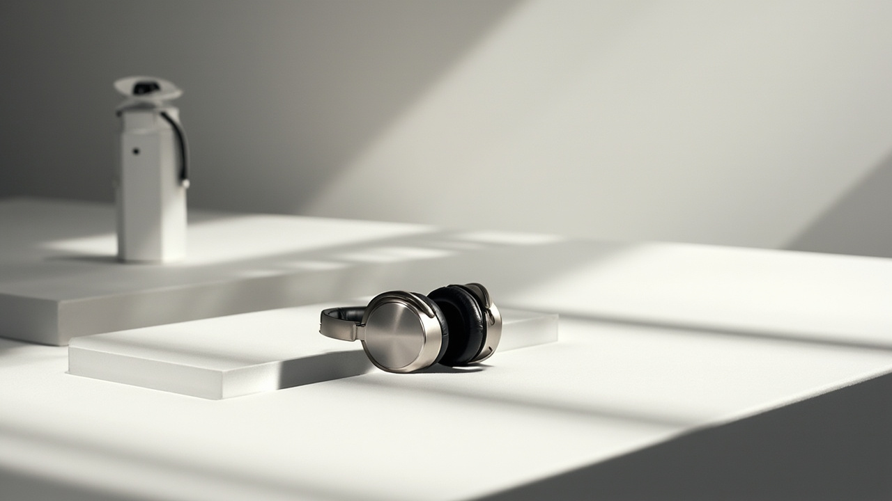 A pair of premium over-ear headphones displayed on a minimalist white surface with soft studio lighting casting gentle shadows