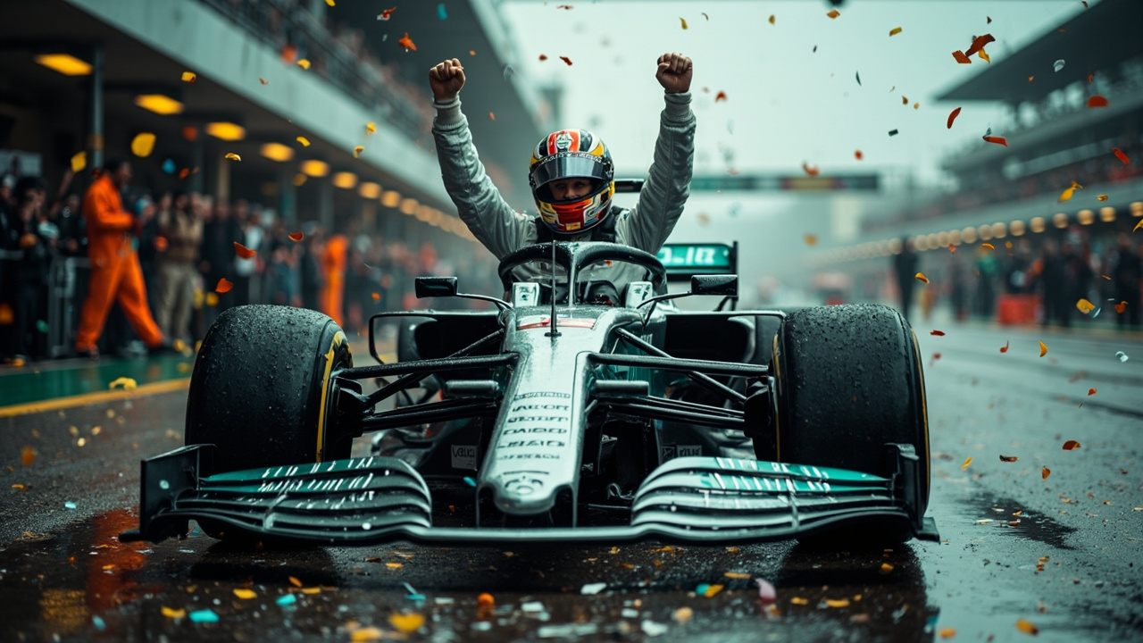 A Mercedes Formula 1 car on a rain-dampened pit straight with a young driver celebrating on top of the cockpit with fists raised and confetti in the air