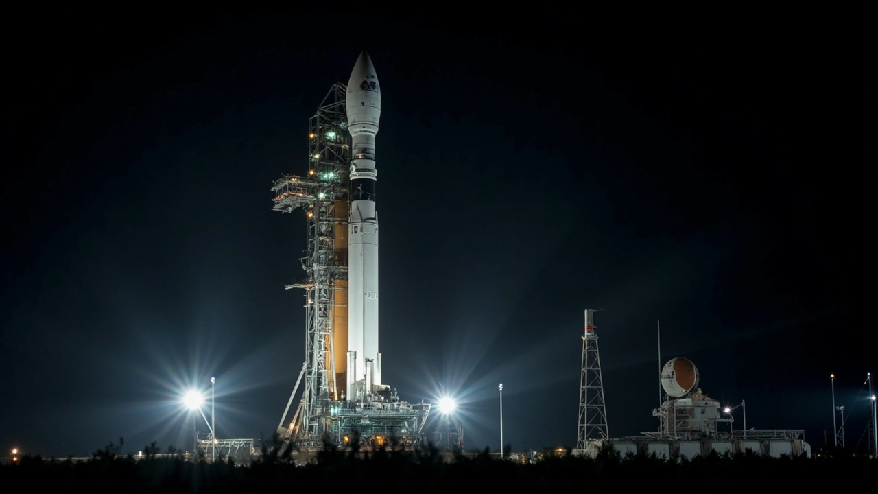 The massive Space Launch System rocket and Orion spacecraft illuminated by spotlights on Launch Complex 39B at night