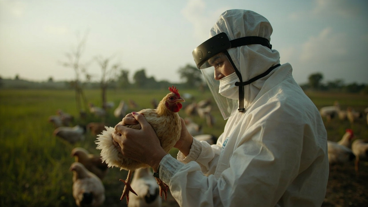 A health worker in protective equipment examining poultry at a rural Cambodian farm