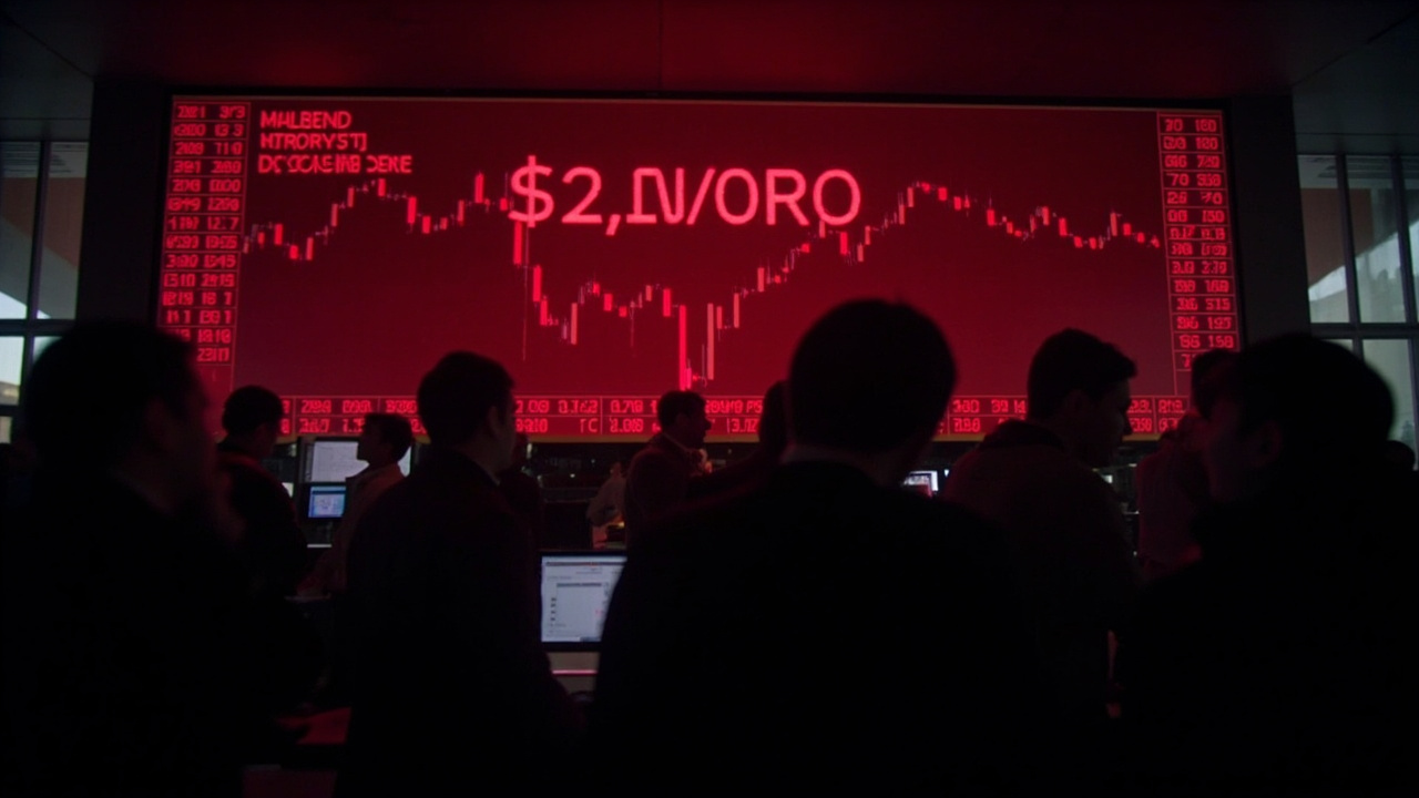 A large digital commodities board showing Brent crude at $98.69 in red, traders visible in silhouette in the foreground