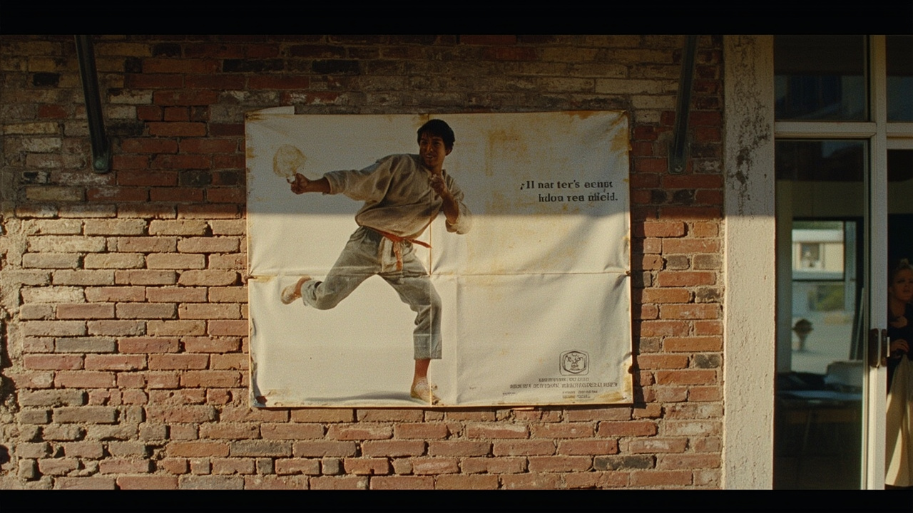 A faded 1980s movie poster on a brick wall, partially sun-bleached, showing a martial artist in mid-kick