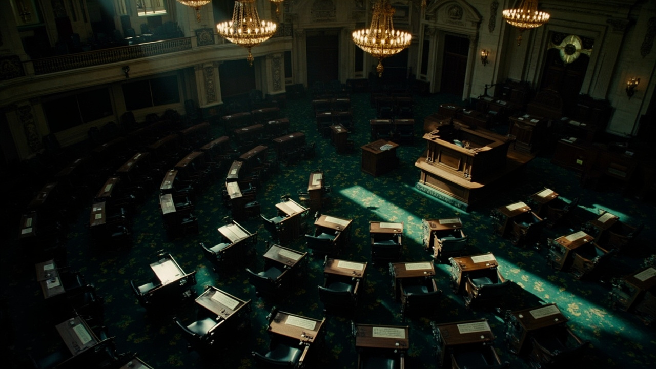 Empty seats in the U.S. House of Representatives chamber with overhead lights casting long shadows across the floor