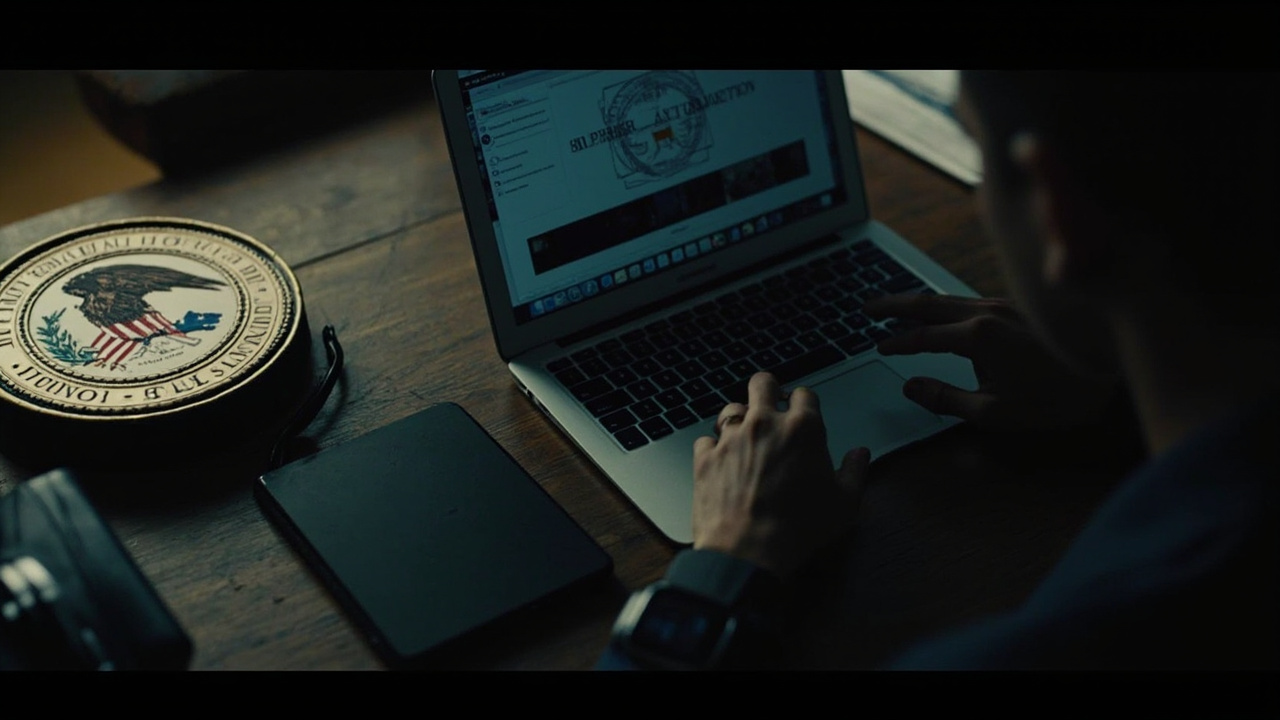 A reporter's desk with a laptop, phone, and smartwatch arranged next to a Department of Justice seal
