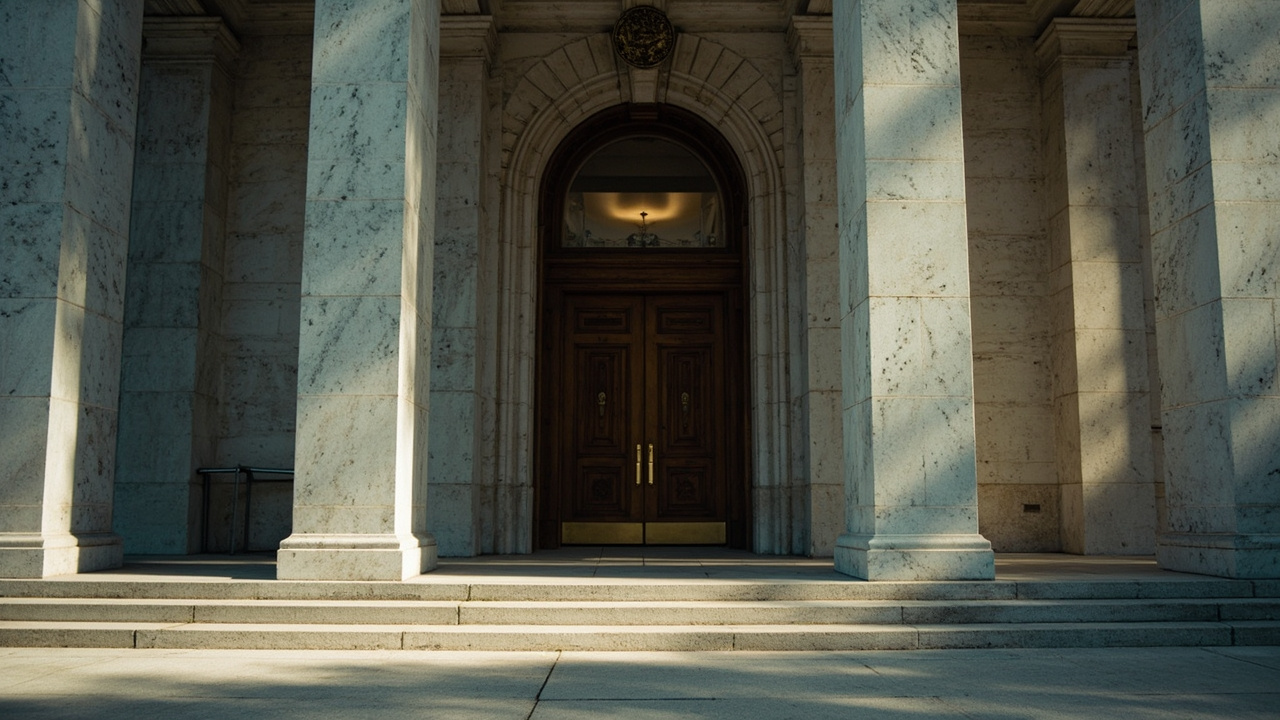 Federal courthouse entrance with marble columns and a brass seal above heavy wooden doors