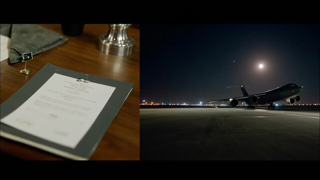 Split composition showing a diplomatic document on a desk with a Pakistani flag pin alongside a nighttime aerial shot of C-17 transport aircraft lined up on a runway at Fort Bragg