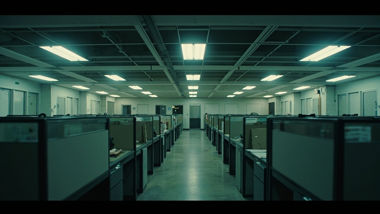 Rows of empty office cubicles in a modern corporate building with overhead fluorescent lighting and abandoned desk supplies visible