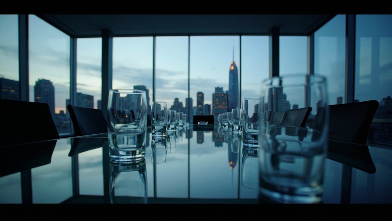 A modern empty venture capital boardroom with a long glass table and untouched water glasses, city skyline visible through floor-to-ceiling windows at dusk