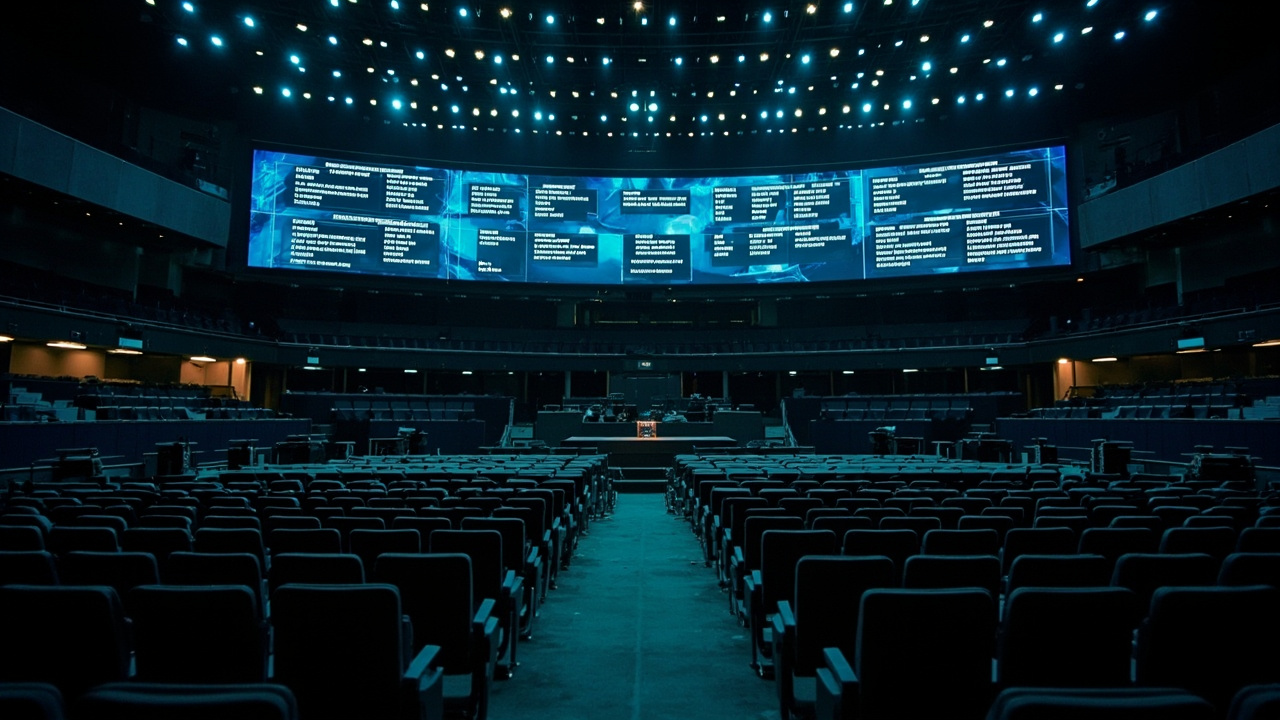 Interior of the European Parliament hemicycle with empty seats and digital displays showing AI regulation agenda items under institutional lighting